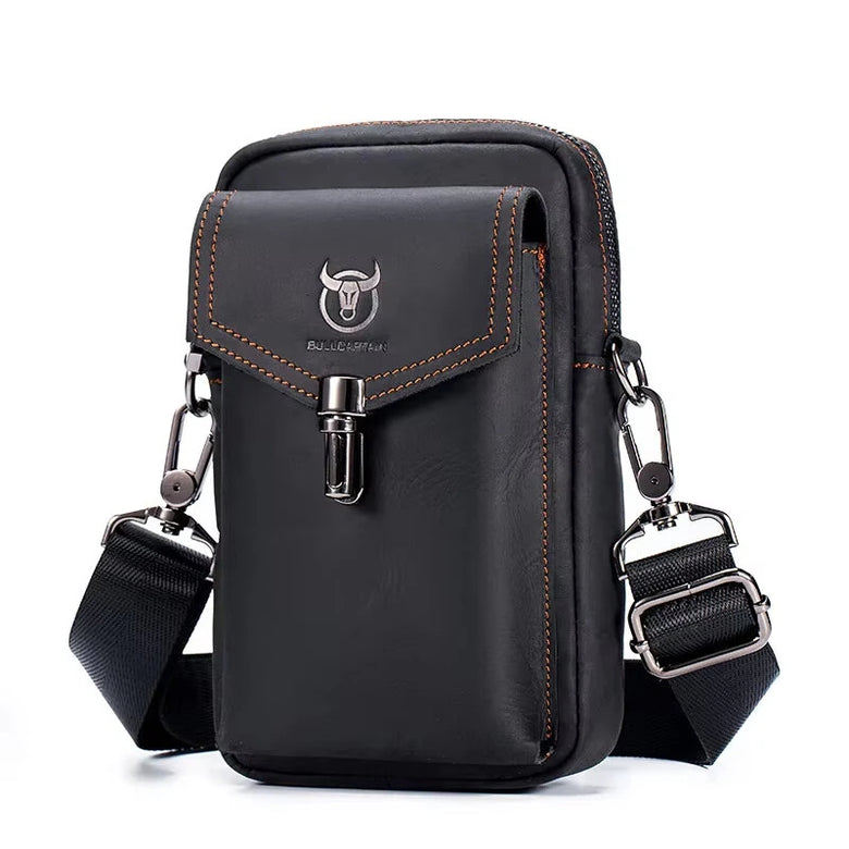 BULLCAPTAIN Genuine Leather Men's Waist Bags Crossbody Bages Multifunctional 7-inch Mobile Phone Practical Bag for Male Casual Shoulder Messenger Bages