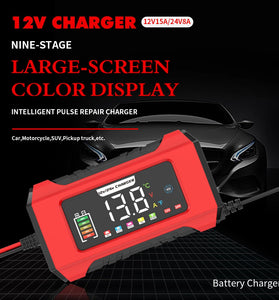RJtianye 9 Stage Charging 12V 15A / 24V 8A Large Color Screen Battery Charger Trickle Charge Mode for 12V 2Ah-200Ah / 24V 2Ah-100Ah LiFePO4 Lead Acid Battery