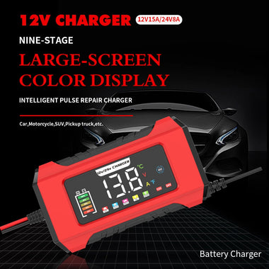 RJtianye 9 Stage Charging 12V 15A / 24V 8A Large Color Screen Battery Charger Trickle Charge Mode for 12V 2Ah-200Ah / 24V 2Ah-100Ah LiFePO4 Lead Acid Battery