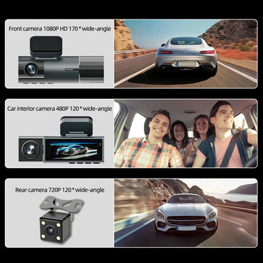 3 Lens 1080P WiFi WDR Dash Cam 3.16 Inch IPS Screen Front Interior Rear Car Driving Recorder Camera 170 Wide Angle Night Vision Motion Detection