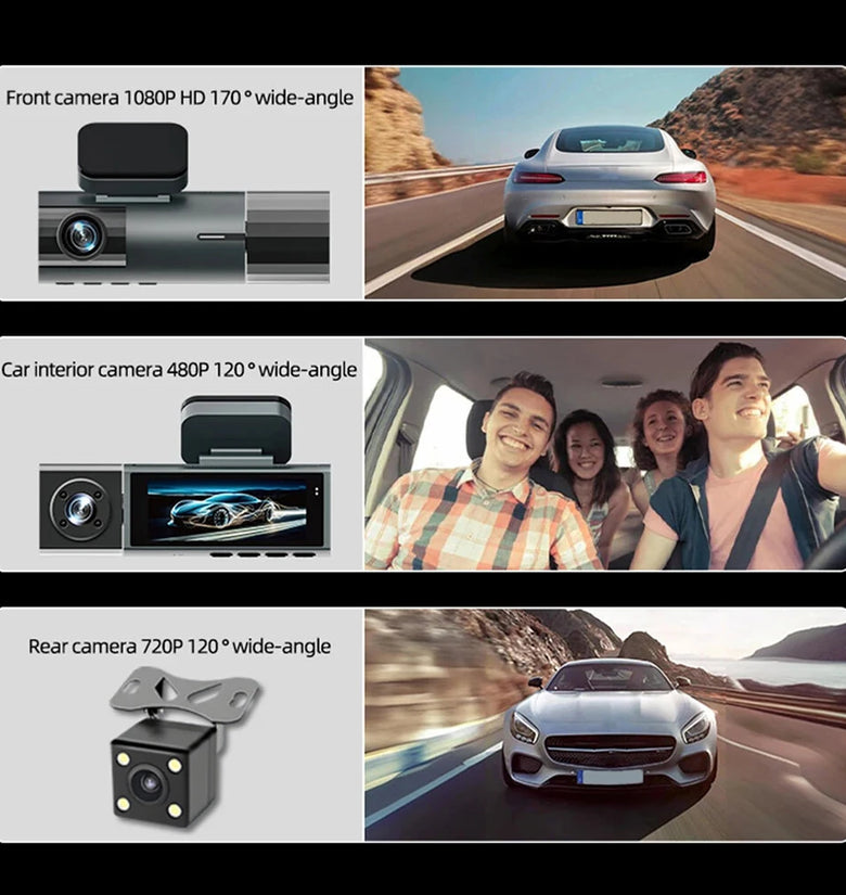 3 Lens 1080P WiFi WDR Dash Cam 3.16 Inch IPS Screen Front Interior Rear Car Driving Recorder Camera 170 Wide Angle Night Vision Motion Detection