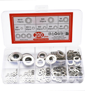 910pcs/200pcs 9 Sizes 304 Stainless Steel Flat Washers Assortment Kit M2 M2.5 M3 M4 M5 M6 M8 M10 M12 Suitable for Electronic Components