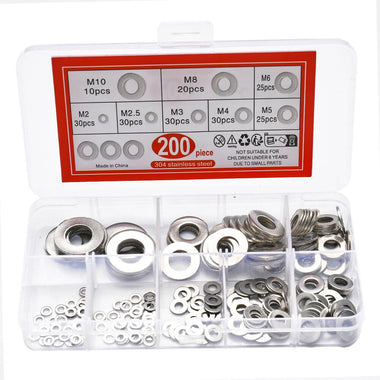 910pcs/200pcs 9 Sizes 304 Stainless Steel Flat Washers Assortment Kit M2 M2.5 M3 M4 M5 M6 M8 M10 M12 Suitable for Electronic Components