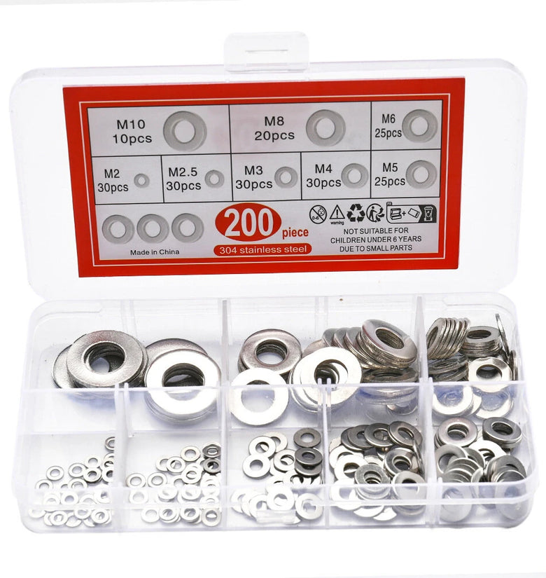910pcs/200pcs 9 Sizes 304 Stainless Steel Flat Washers Assortment Kit M2 M2.5 M3 M4 M5 M6 M8 M10 M12 Suitable for Electronic Components