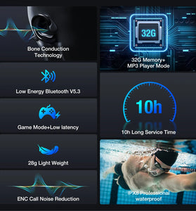 BlitzWolf BW-BTS8 bluetooth Earbuds Bone Conduction Earphone Built-in 32GB Memory IPX8 Waterproof Low Latency Game Sport Headphones with Mic