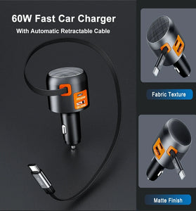IBD IBD358 1U2C 60W PD30w QC30W 3-in-1 USB Car Charger Retractable Cable Multi-Port  Fast Charging USB Type C Charger for Mobile Phone