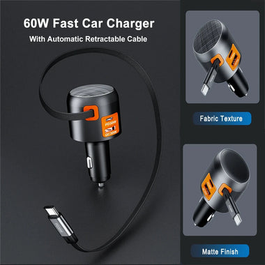 IBD IBD358 1U2C 60W PD30w QC30W 3-in-1 USB Car Charger Retractable Cable Multi-Port  Fast Charging USB Type C Charger for Mobile Phone