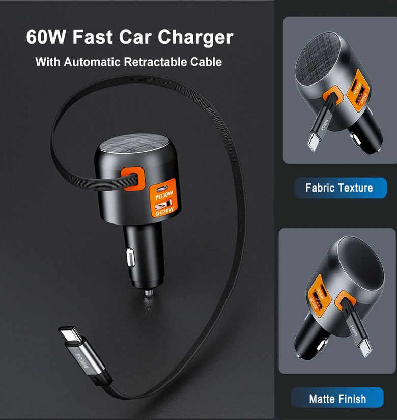 IBD IBD358 1U2C 60W PD30w QC30W 3-in-1 USB Car Charger Retractable Cable Multi-Port  Fast Charging USB Type C Charger for Mobile Phone