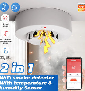 Tuya Wifi Smoke Sensor Alarm 80DB Smart Fire Temperature and Humidity Detector Security Protection Voice Control with Alexa Google Home Smart Life APP