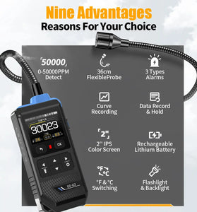 FNIRSI GD-02 Portable Combustible Gas Detector 36cm Flexible Probe Detects Methane Propane Isobutane Real-Time Display 50000ppm Range Triple Alarm System