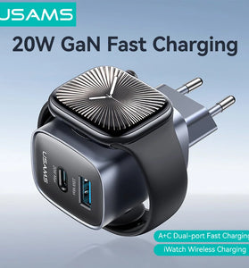 [GaN Tech] USAMS CC293 T67 20W 2-Port USB PD Charger with iWatch Wireless Charging Function USB-A+Type-C Fast Charging Wall Charger Adapter EU Plug for iPhone 16 16 Pro 15 14 13 Pro Max for Huawei Mate XT for Xiaomi 15pro for Apple Watch