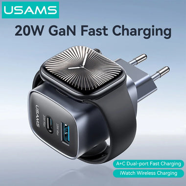 [GaN Tech] USAMS CC293 T67 20W 2-Port USB PD Charger with iWatch Wireless Charging Function USB-A+Type-C Fast Charging Wall Charger Adapter EU Plug for iPhone 16 16 Pro 15 14 13 Pro Max for Huawei Mate XT for Xiaomi 15pro for Apple Watch