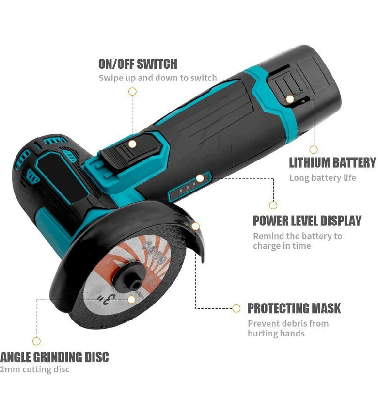 Cordless Angle Grinder M5 12V 19500 RPM Brushed Motor 3 Inch Cutting Disc Compact Lightweight Electric Power Tool Grinding Cutting Polishing