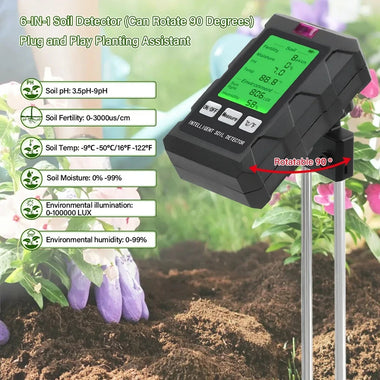 6-in-1 Soil Tester PH Temperature Humidity Sunlight Fertility Nutrient Meter with Digital Display for Gardening and Agriculture