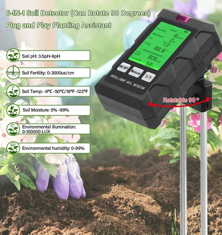 6-in-1 Soil Tester PH Temperature Humidity Sunlight Fertility Nutrient Meter with Digital Display for Gardening and Agriculture