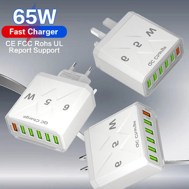 65W 6-Port USB Charger 3.1A USB-A*5 QC3.0 Fast Charging Wall Charger Adapter EU Plug US Plug for iPhone 12 13 14 14 Pro for Huawei Mate50 for Samsung Galaxy S23 for Oppo Reno9 for Redmi K60