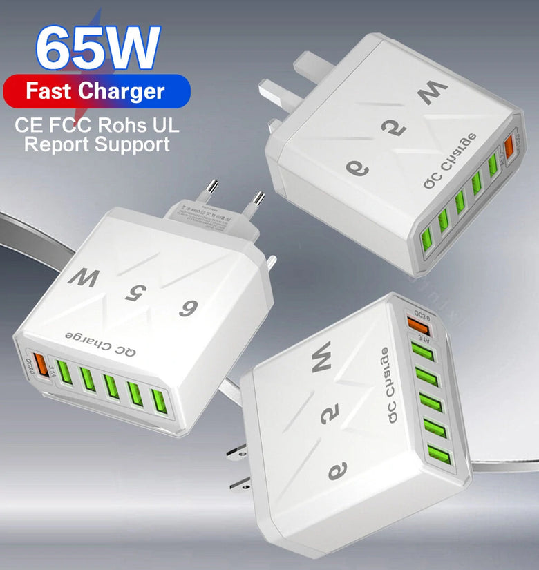 65W 6-Port USB Charger 3.1A USB-A*5 QC3.0 Fast Charging Wall Charger Adapter EU Plug US Plug for iPhone 12 13 14 14 Pro for Huawei Mate50 for Samsung Galaxy S23 for Oppo Reno9 for Redmi K60