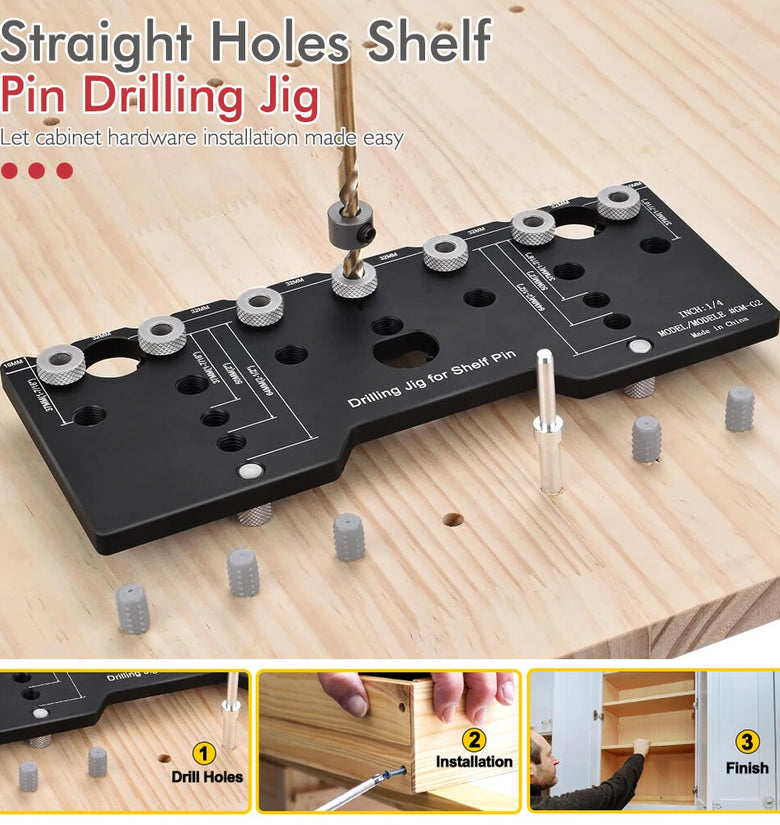 Adjustable Aluminum Alloy Cabinet Hardware Jig Shelf Pin Jig with 2 PCS 1/4 Inch Drill Bits Woodworking Pocket Hole Punch Locator Drill Guide