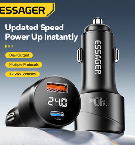ESSAGER ES-CC19 140W 2-Port USB PD Car Charger USB-A+Type-C Support PD3.1 QC3.0 AFC FCP SCP PPS Fast Charging with Digital Display for iPhone 16 15 Pro 14 13 12 Pro Max for Samsung Galaxy Z Flip6 for Xiaomi 15pro for Huawei Mate XT