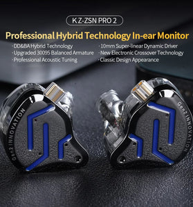 KZ-ZSN Pro 2 3.5mm Wired Earphone 1BA+1DD Technology 30095 Balanced Amature Earbuds 10mm Super-linear Dynamic Driver HIFI Sound Headphone Monitor In-ear Headphone