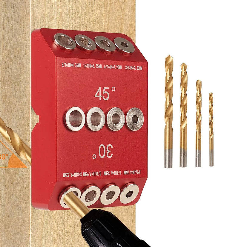 30 45 90 Degree Drill Guide Angle Drill Hole Guide Jig with 4 Sizes Drill Bits for Angled and Straight Hole Sturdy Aluminum Alloy Drilling Jig for Cable Railing Deck Stair Handrail