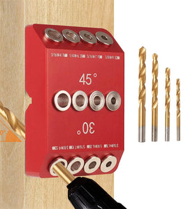 30 45 90 Degree Drill Guide Angle Drill Hole Guide Jig with 4 Sizes Drill Bits for Angled and Straight Hole Sturdy Aluminum Alloy Drilling Jig for Cable Railing Deck Stair Handrail