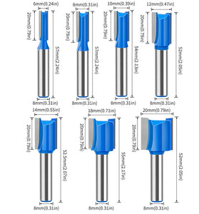 8mm Shank Straight Router Bit 20mm Cutting Length 6/8/10/12/14/18/20mm Cutting Diameter Carbide Tipped Double Flute Straight Cut Router Bits