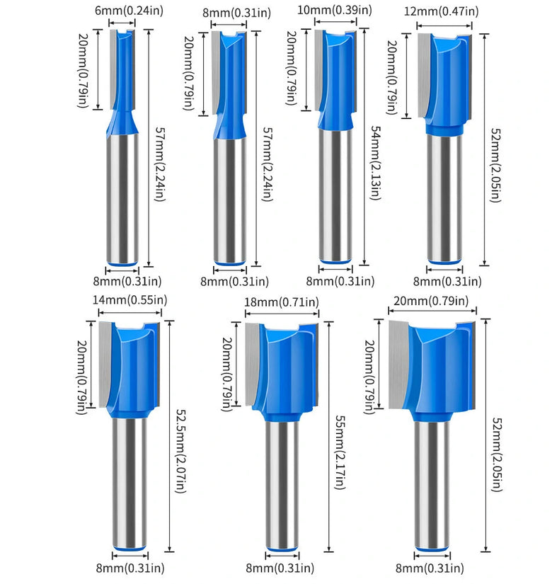 8mm Shank Straight Router Bit 20mm Cutting Length 6/8/10/12/14/18/20mm Cutting Diameter Carbide Tipped Double Flute Straight Cut Router Bits