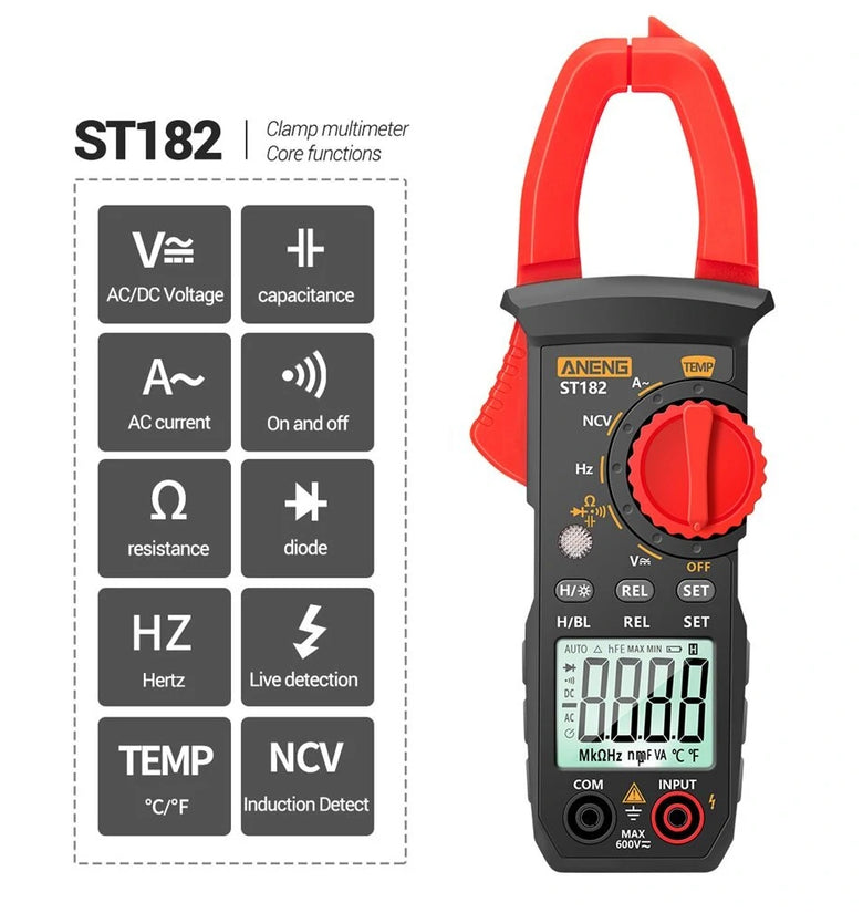 ANENG ST182 Digital Clamp Meter DC/AC Voltage Tester Clamp Multimeter Hz Capacitance NCV Ohm Test