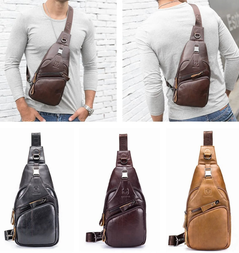 BULLCAPTAIN Men Multi-Pocket Leather Chest Bag Casual Sports Multifunctional Large Capacity Crossbody Shoulder Bag