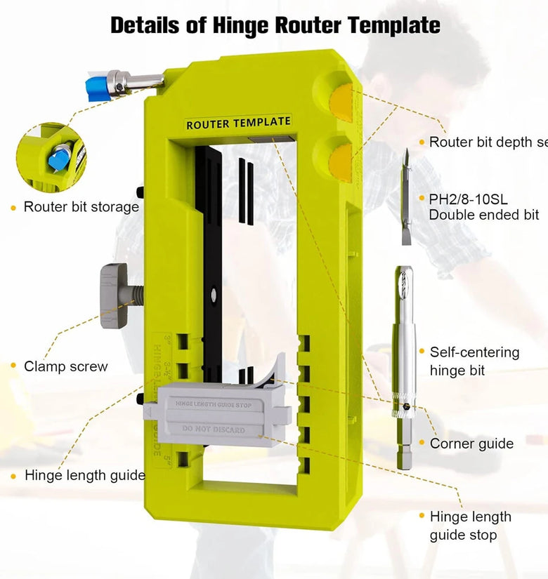 Door Hinge Mortiser Hinge Installation Kit Router Template fits 3in to 5in Hinges Square Semidiameter Corners Adjustable Depth Easy to Use Plastic Construction