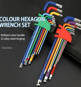 9pcs/Set S2 Alloy Steel L-Shaped Wrench Set 90 Bend CR-V BALL HEAD & M WORD Type Anti-corrosion Color Coded