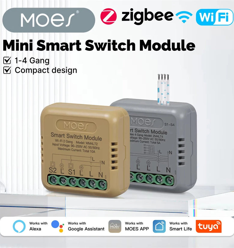 MOES Tuya WiFi/Zigbee3.0 Mini DIY Smart Switch Module 3/4Gang Timer Home Automation Voice Control with Alexa Google Assistant Smart Life APP