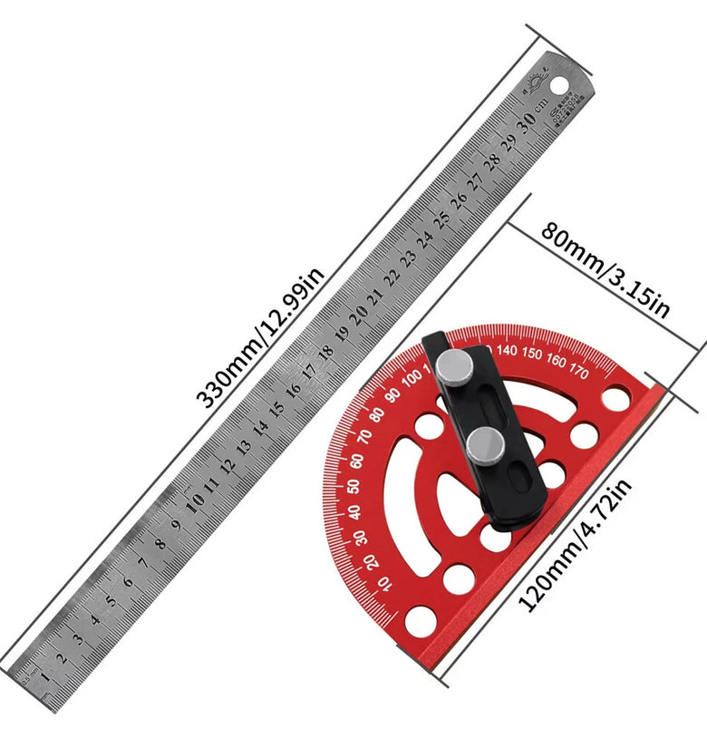 Combination Semi Circular Angle Finder 0 180 Degree Protractor with Detachable 330mm Ruler Precision Woodworking Measurement Tool