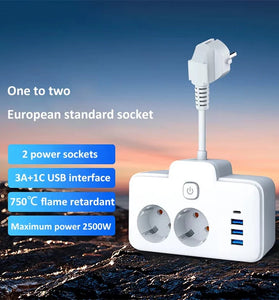 W602U EU Plug Extension Power Strip with 2 Power Sockets+3USB-A+USB-C Fast USB Charging Interface Multi-Outlet Wall Socket with LED Touch Switch for Home and Office