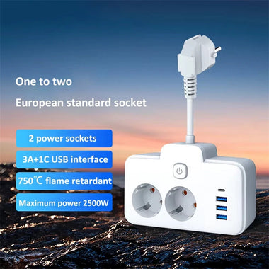 W602U EU Plug Extension Power Strip with 2 Power Sockets+3USB-A+USB-C Fast USB Charging Interface Multi-Outlet Wall Socket with LED Touch Switch for Home and Office