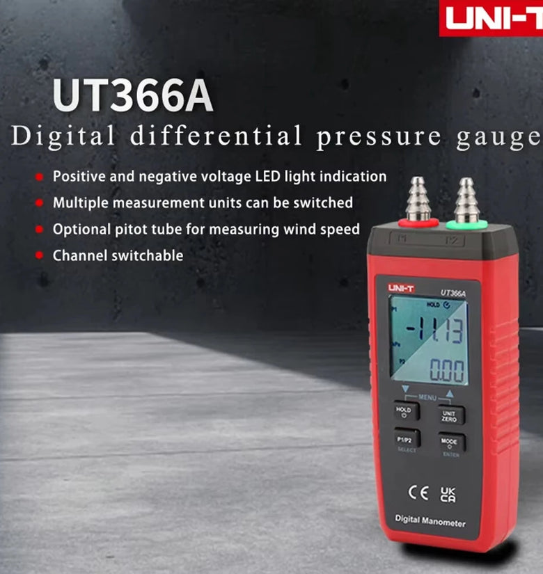 UNI-T UT366A Digital Manometer Pressure Gauge Wind Speed Air Pressure Difference Measurement Compact Energy Saving Multi Unit Display Automatic Shutdown