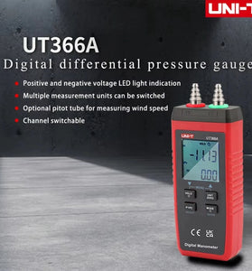 UNI-T UT366A Digital Manometer Pressure Gauge Wind Speed Air Pressure Difference Measurement Compact Energy Saving Multi Unit Display Automatic Shutdown