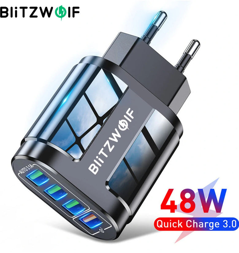 BlitzWolf BK-385 48W 4 USB Ports QC 3.0 Fast Charger Wall Travel Charging EU Plug Adapter For iPhone 14 14 Plus 14 Pro Max for iPad Pro For Samsung Galaxy S22 Ultra Galaxy Z Flip 4 For Xiaomi Mi 12T Redmi Note 12