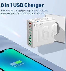 BK329-4A4C 8-Port USB PD Charger 4USB-A+4USB-C PD QC4.0 3.0 2.0 FCP SCP Fast Charging Wall Charger Adapter EU Plug for iPhone 16 15 Pro 14 13 12 Pro Max for Huawei Mate XT for Xiaomi 15pro