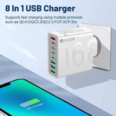 BK329-4A4C 8-Port USB PD Charger 4USB-A+4USB-C PD QC4.0 3.0 2.0 FCP SCP Fast Charging Wall Charger Adapter EU Plug for iPhone 16 15 Pro 14 13 12 Pro Max for Huawei Mate XT for Xiaomi 15pro