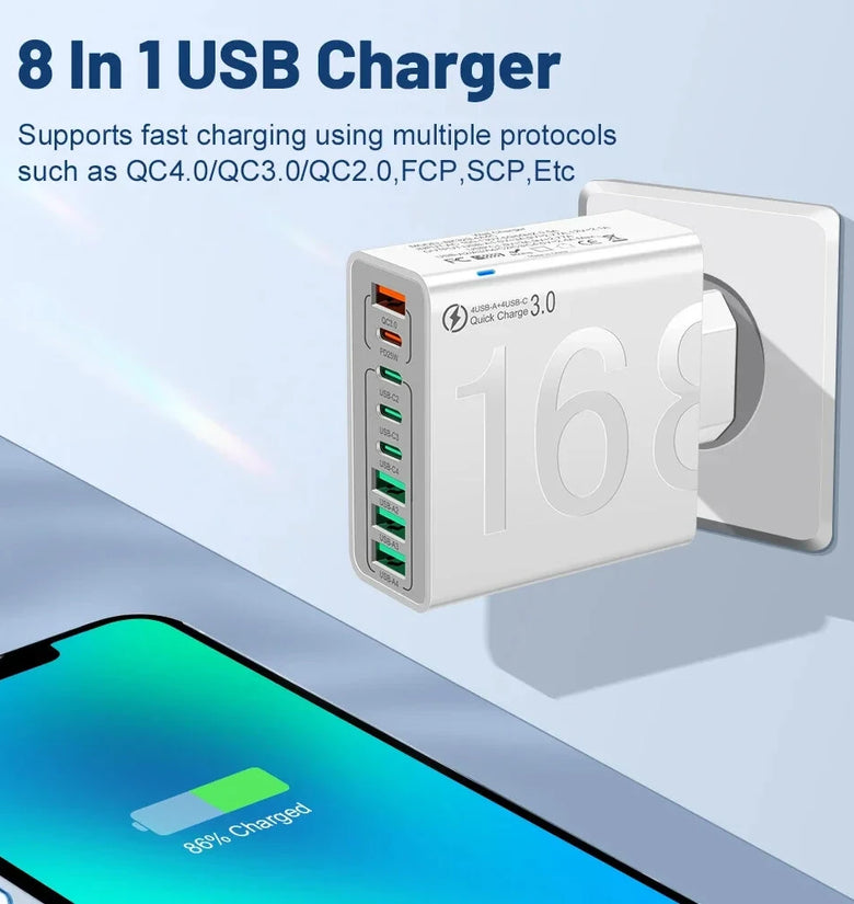 BK329-4A4C 8-Port USB PD Charger 4USB-A+4USB-C PD QC4.0 3.0 2.0 FCP SCP Fast Charging Wall Charger Adapter EU Plug for iPhone 16 15 Pro 14 13 12 Pro Max for Huawei Mate XT for Xiaomi 15pro