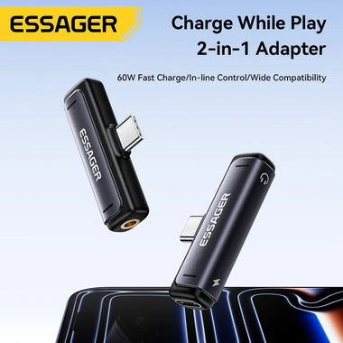 ESSAGER ES-OTG38 2-in-1 USB-C to 3.5mm Headphone and Charger Adapter PD 60W Fast Charging DAC Audio Converter Type-C Aux Dongle for iPhone for Samsung