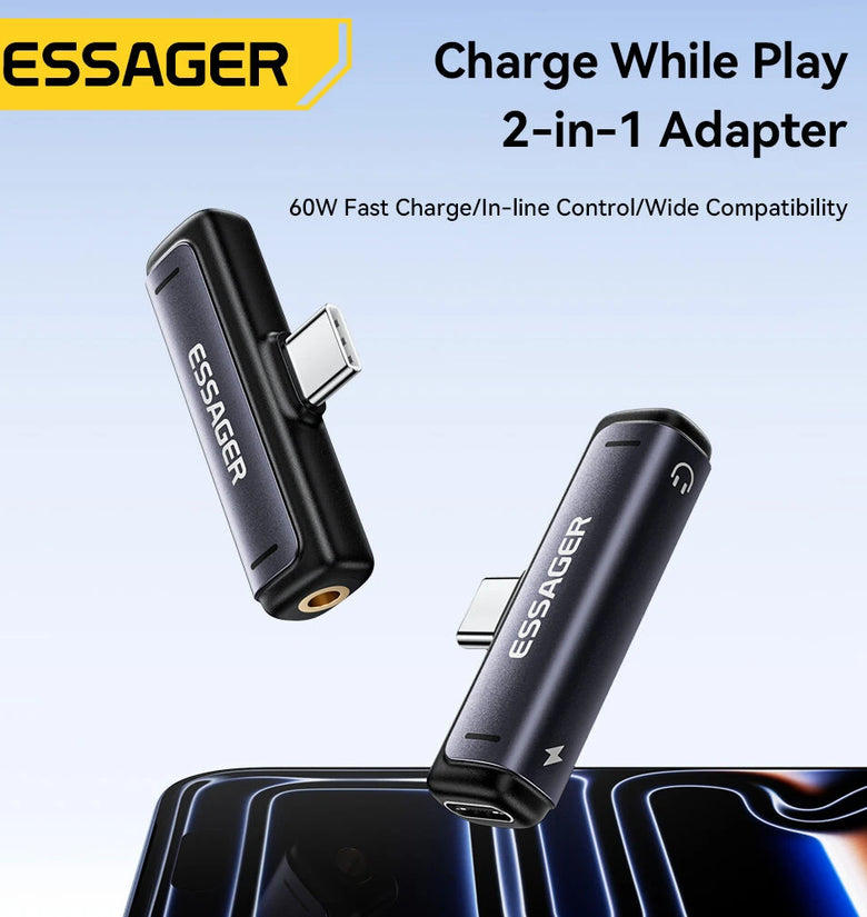 ESSAGER ES-OTG38 2-in-1 USB-C to 3.5mm Headphone and Charger Adapter PD 60W Fast Charging DAC Audio Converter Type-C Aux Dongle for iPhone for Samsung