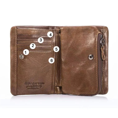 BULLCAPTAIN Men's Genuine Leather RFID Wallet Short Trifold Design Hasp Zipper Closure Card Holder Coin Pocket Money Purse