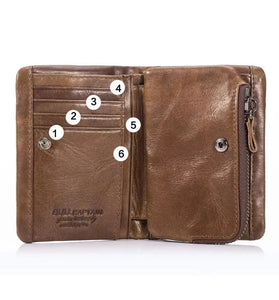 BULLCAPTAIN Men's Genuine Leather RFID Wallet Short Trifold Design Hasp Zipper Closure Card Holder Coin Pocket Money Purse