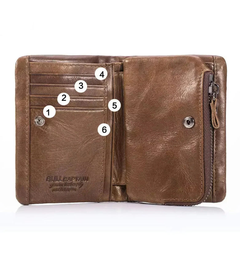 BULLCAPTAIN Men's Genuine Leather RFID Wallet Short Trifold Design Hasp Zipper Closure Card Holder Coin Pocket Money Purse