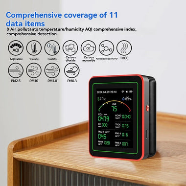 MUSTOOL 15-in-1 Air Quality Monitor Wifi Tuya App 15-in-1 Smart Tester With stand CO2 CO TVOC HCHO PM2.5 PM1.0 PM10 AQI Battery Powered Real-Time Display for Home Office