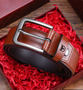 BULLCAPTAIN 130cm Genuine Leather Mens Pinch-buckle Belt with Box Birthday Gift for Husband Father Son