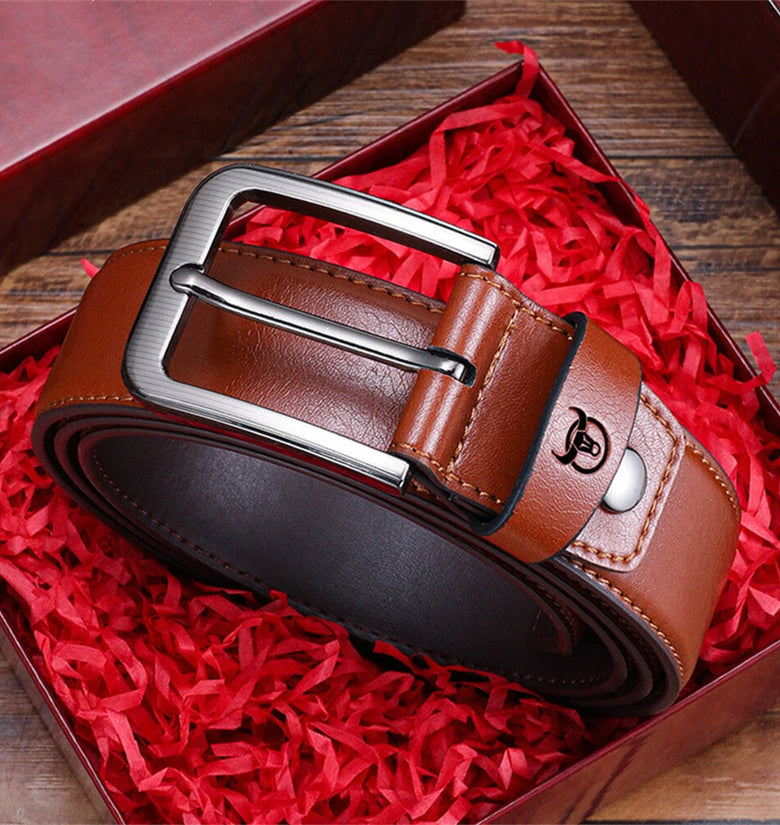 BULLCAPTAIN 130cm Genuine Leather Mens Pinch-buckle Belt with Box Birthday Gift for Husband Father Son